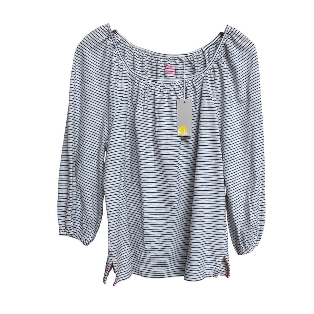 NWT Boden Navy White Striped Cotton Top T0945 NVY Size M Long Sleeve Scoop Neck